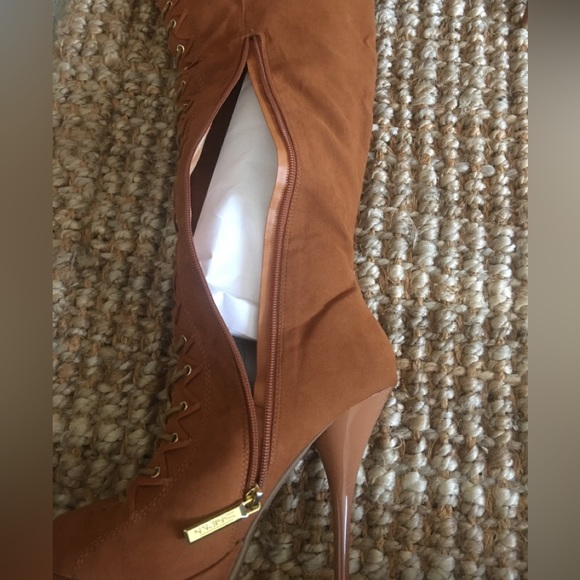 Sexy faux suede rust/tan over-the-knee peep toe boot - Picture 10 of 17